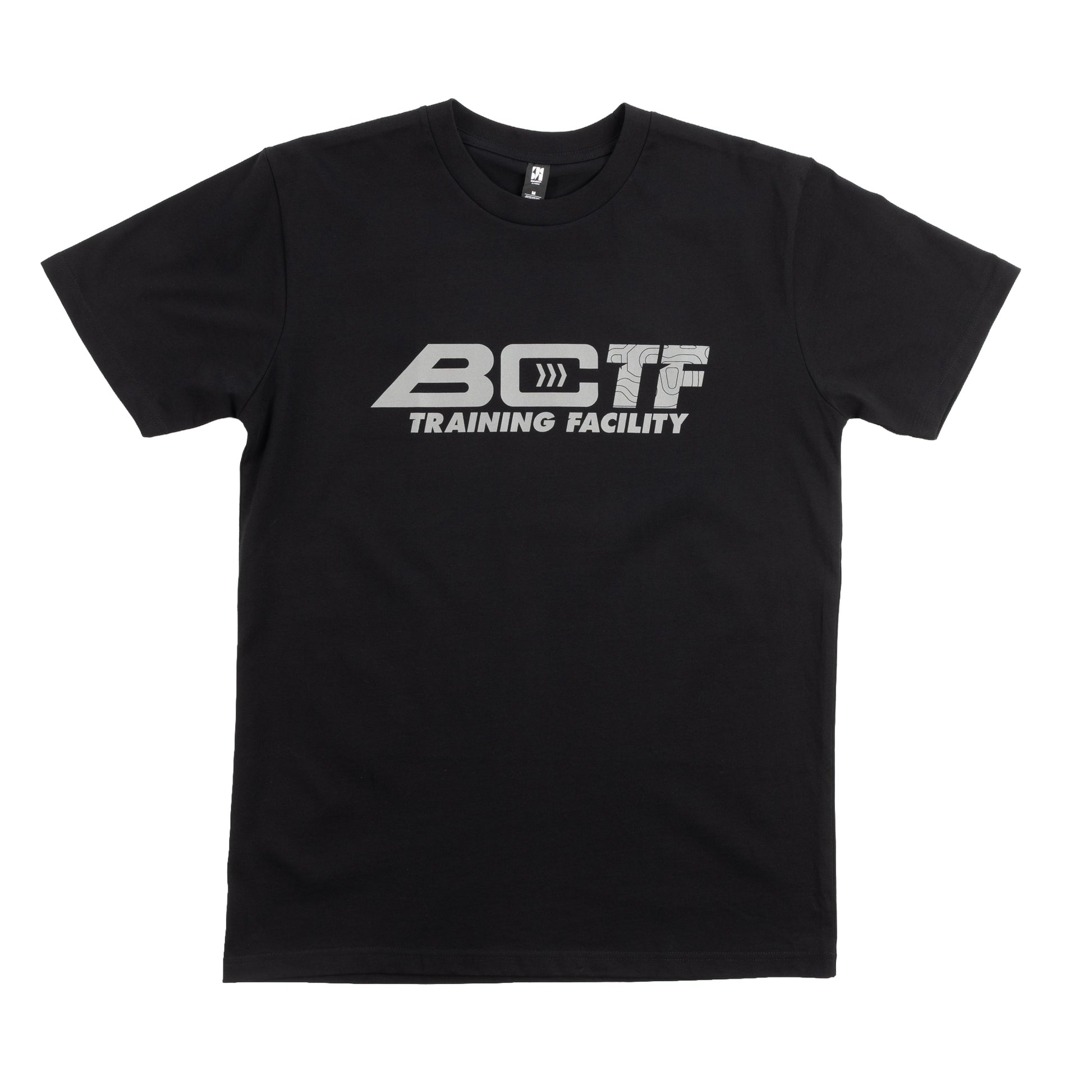 Black BC Racing t-shirt with BC Training Facility logo on white background