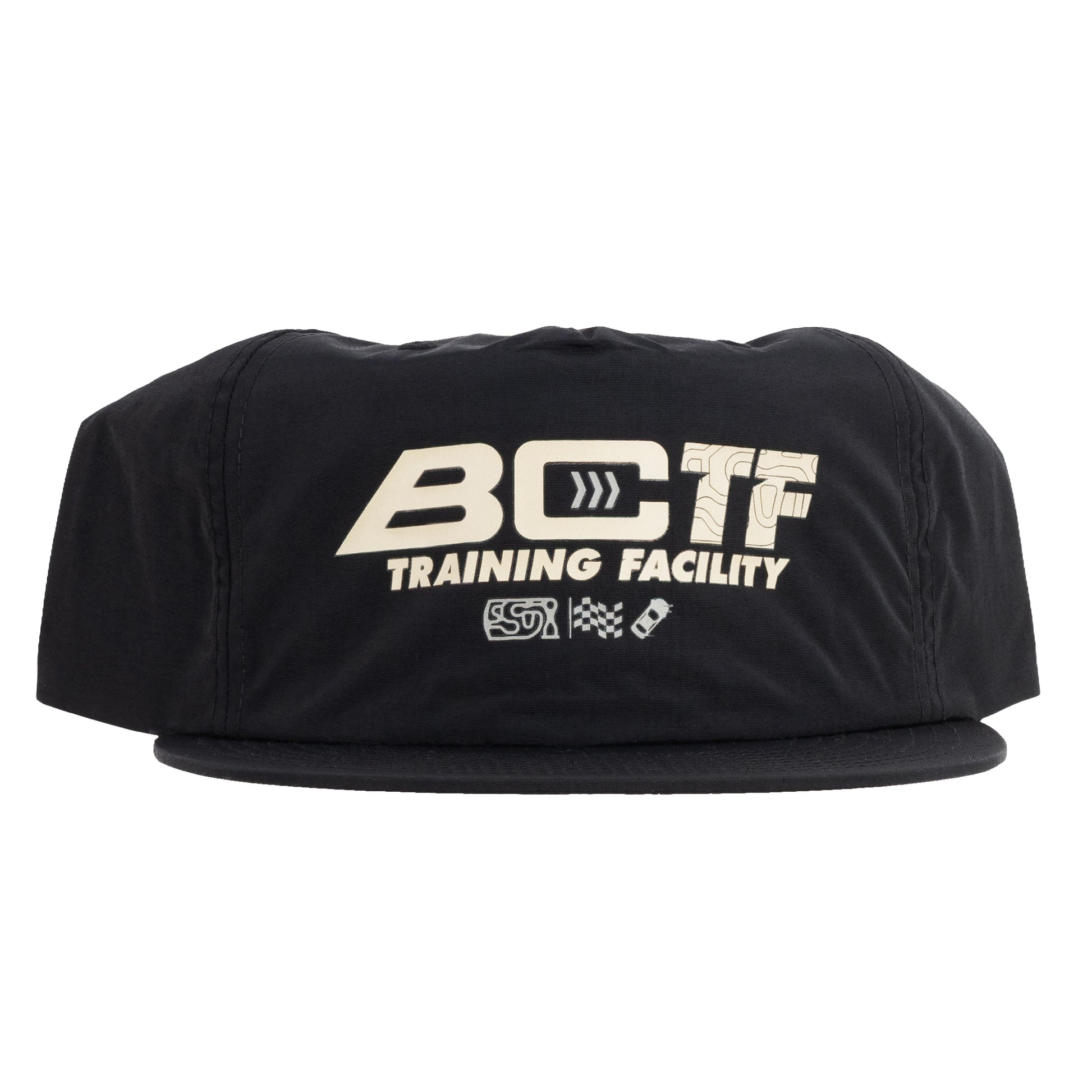 BC Racing Training Facility black surf cap on white background