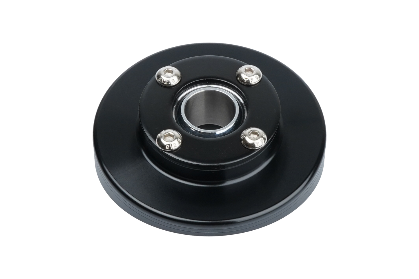 Black mechanical bearing housing on a white background