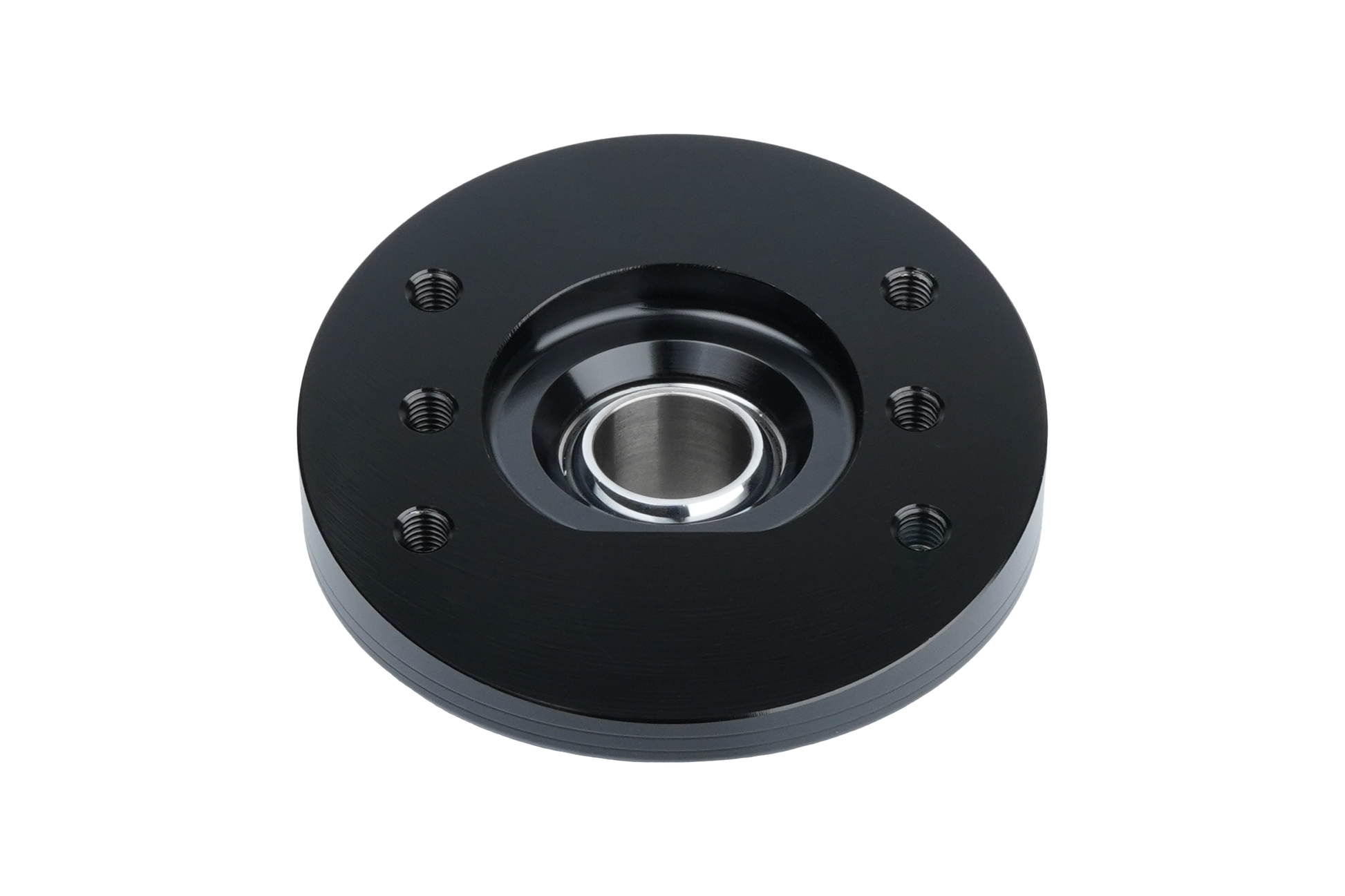 Black mechanical bearing housing on a white background