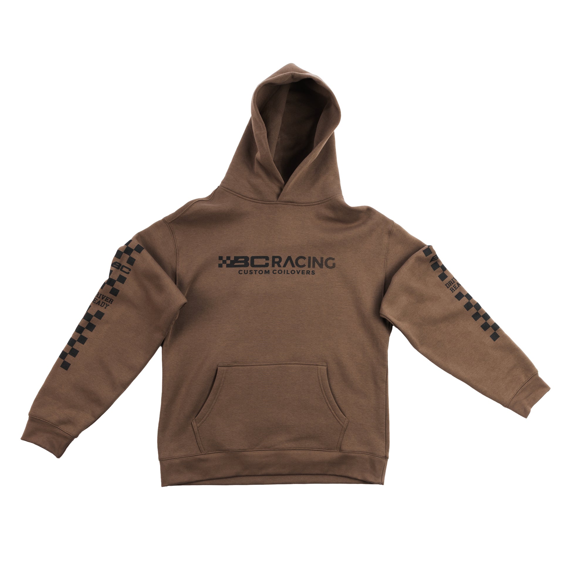 Brown BC Racing Hoodie with black BC Racing logo and checkered design on sleeves