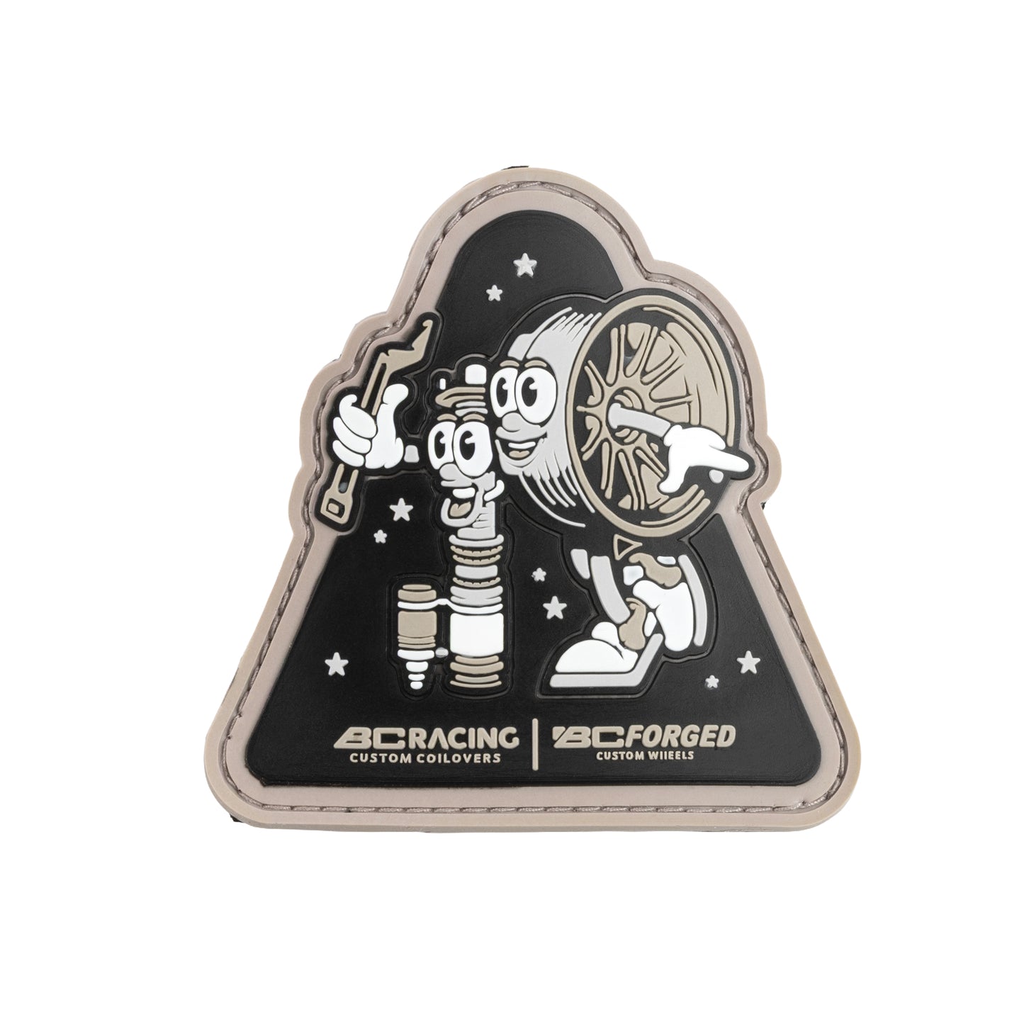 PVC patch of BC Racing wheel and coilover characters on a white background