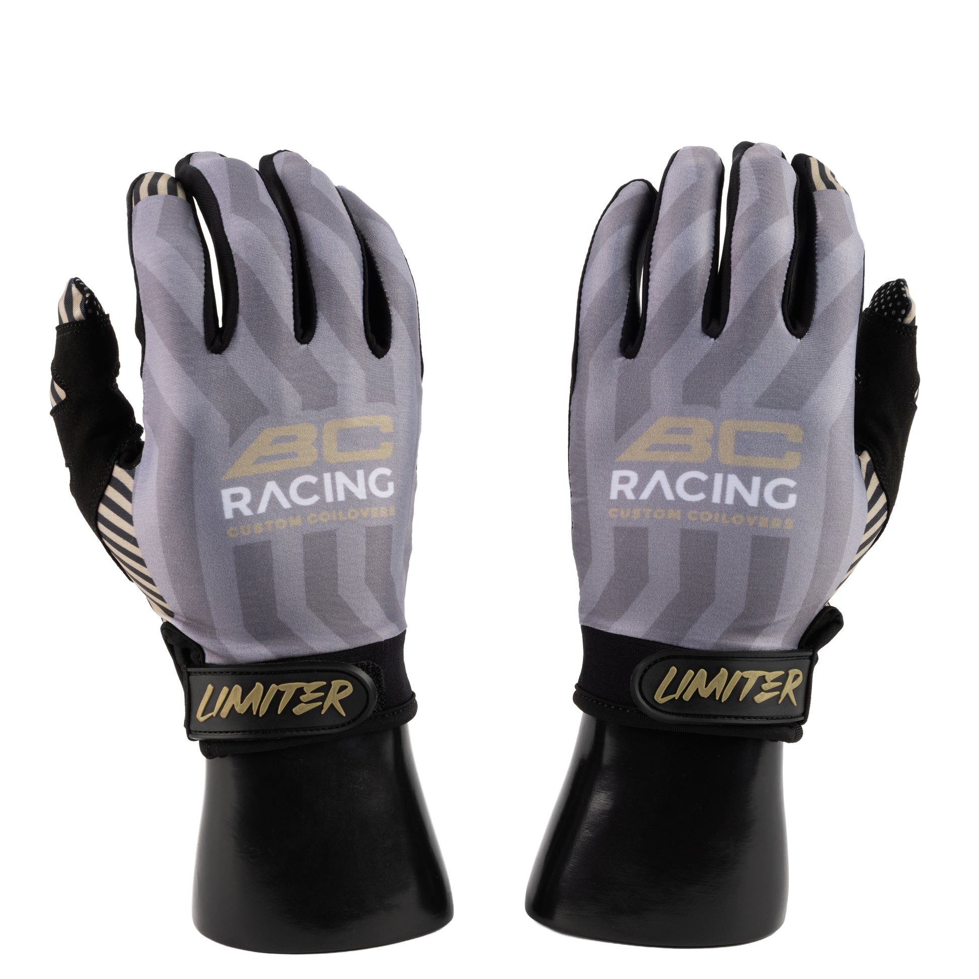 BC Racing x Limiter Gloves on fake hand models on white background