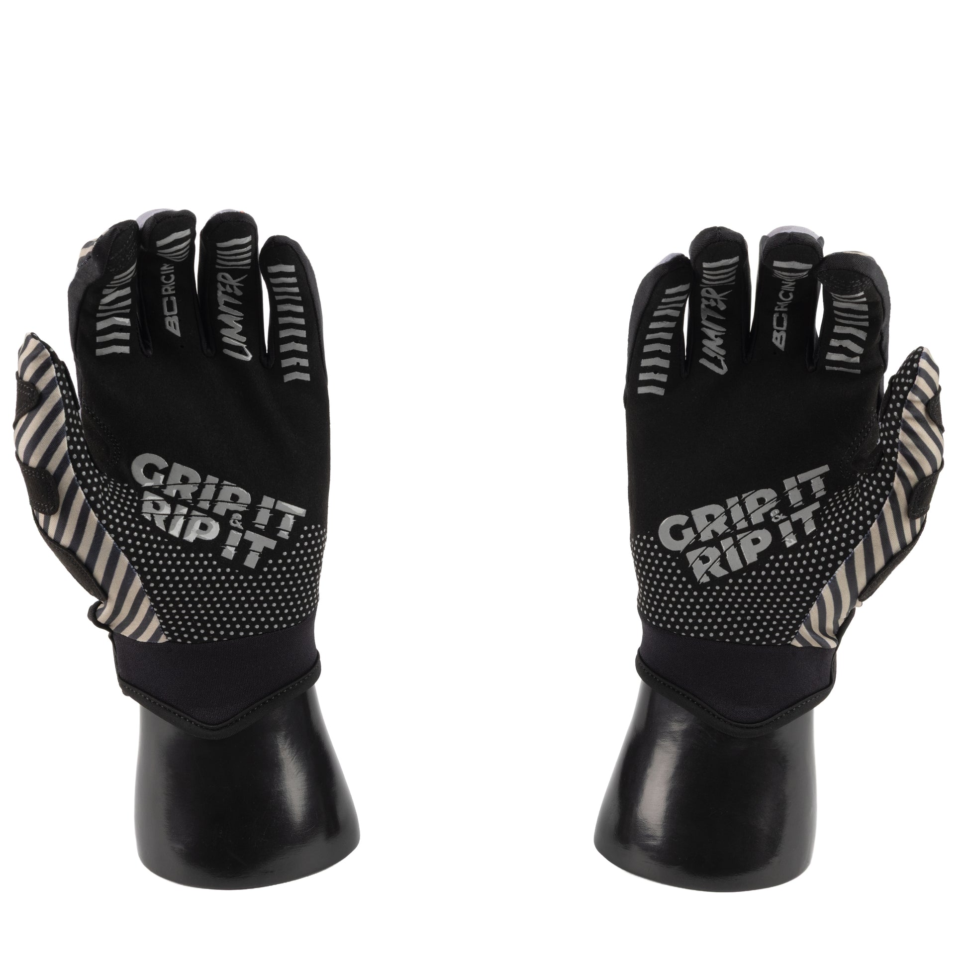 BC Racing x Limiter Gloves on fake hand models on white background