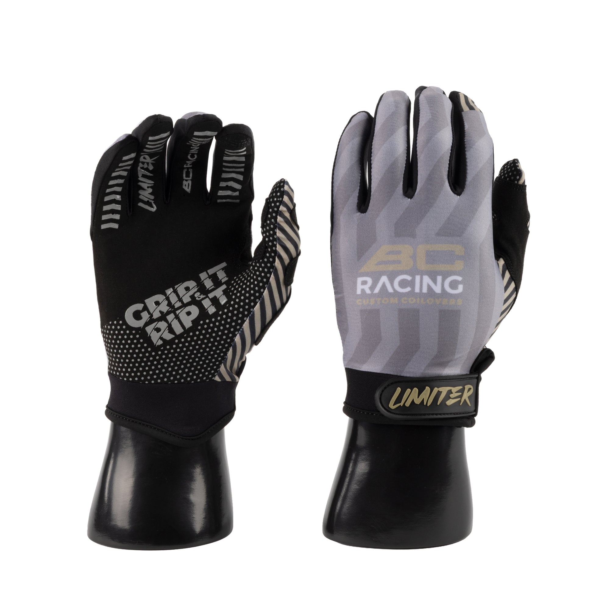 BC Racing x Limiter Gloves on fake hand models on white background