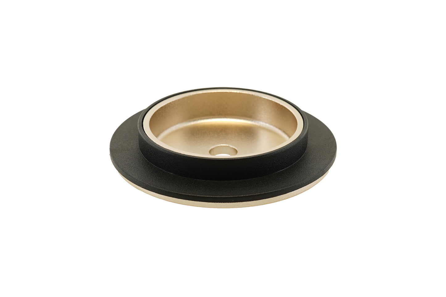 Gold BC Racing upper spring seat with black isolator on white background