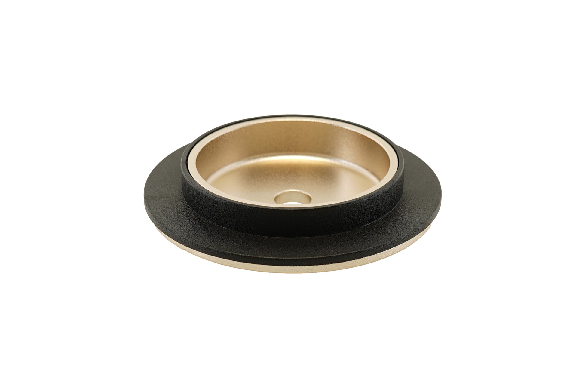 Gold BC Racing upper spring seat with black isolator on white background