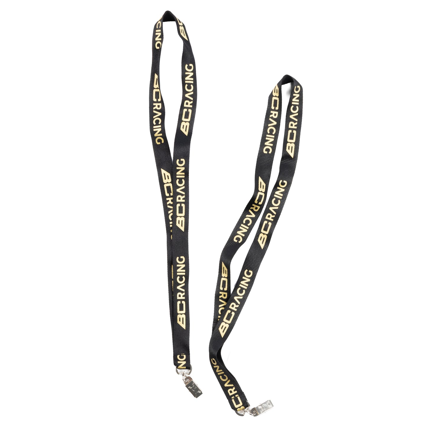 Black lanyards with gold BC racing logo and silver card clip