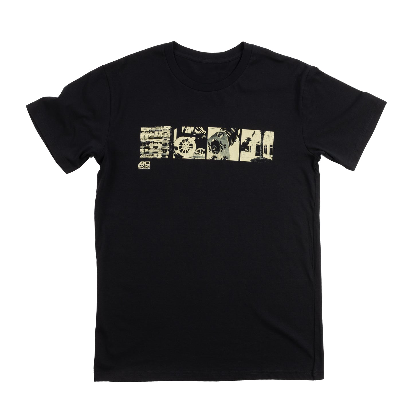Black BC Racing tee with photo block design in gold