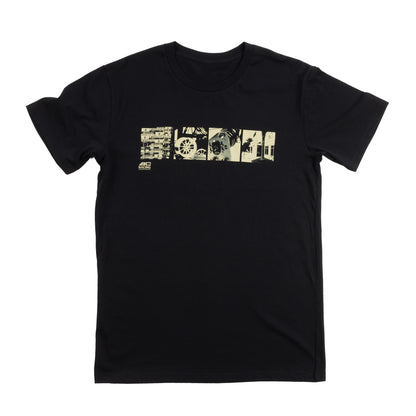 Black BC Racing tee with photo block design in gold