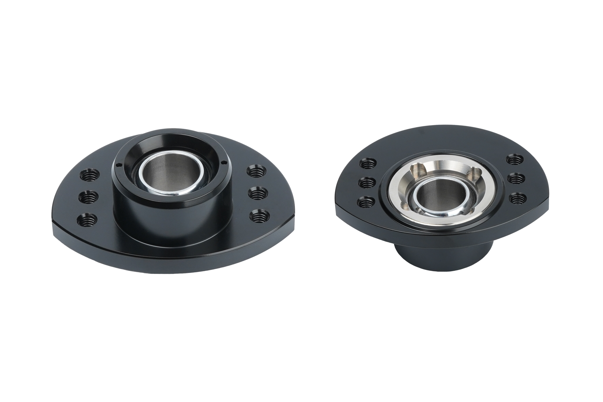 Black mechanical bearing housing on a white background