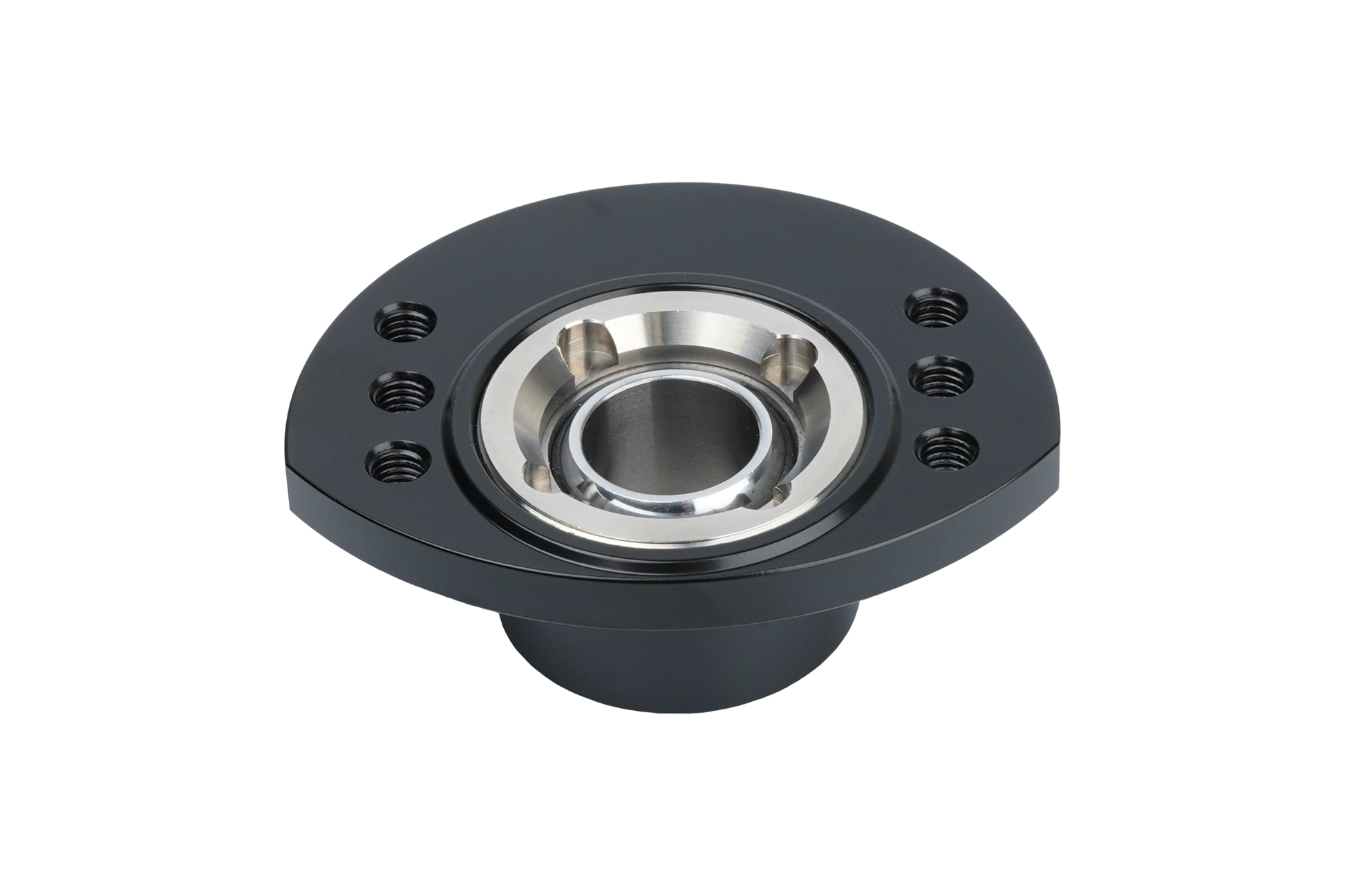 Black mechanical bearing housing on a white background