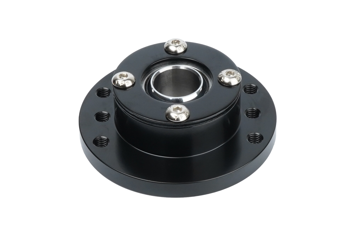 Black mechanical bearing housing on a white background