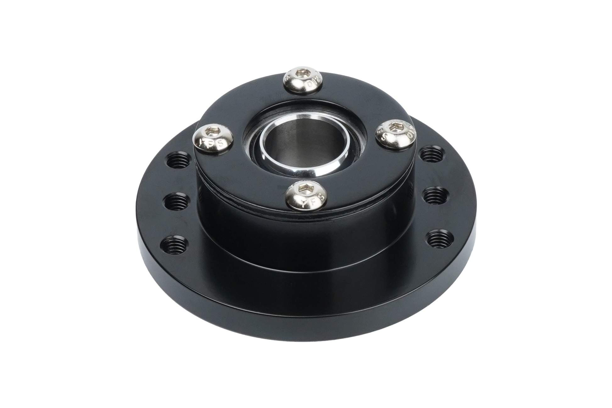 Black mechanical bearing housing on a white background