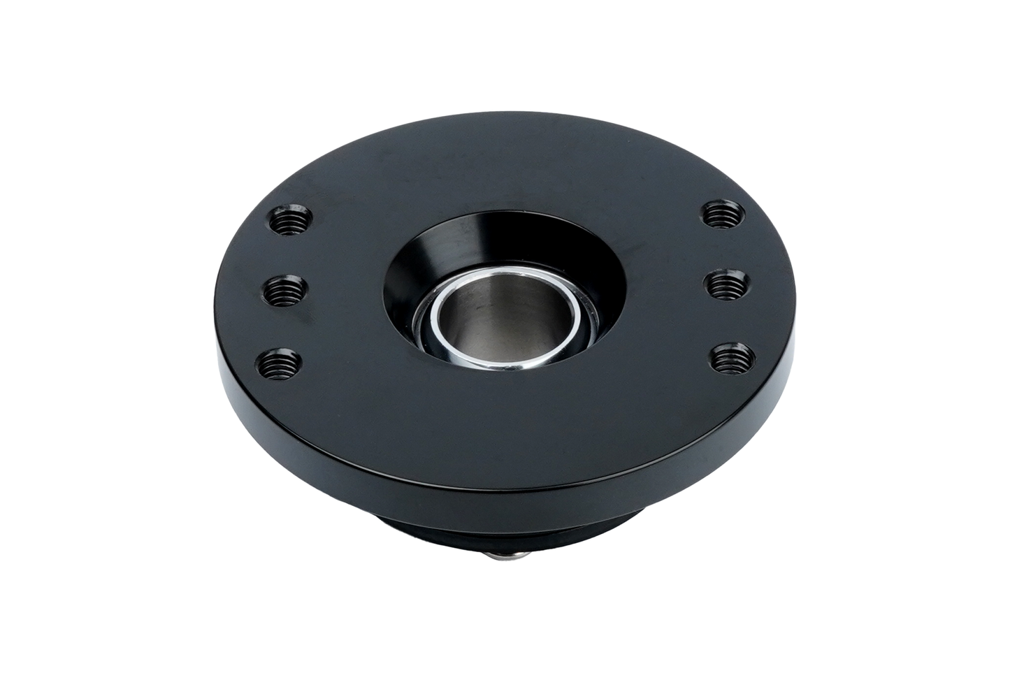 Black mechanical bearing housing on a white background