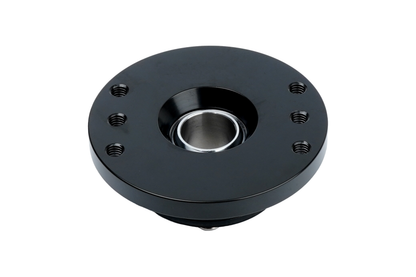 Black mechanical bearing housing on a white background