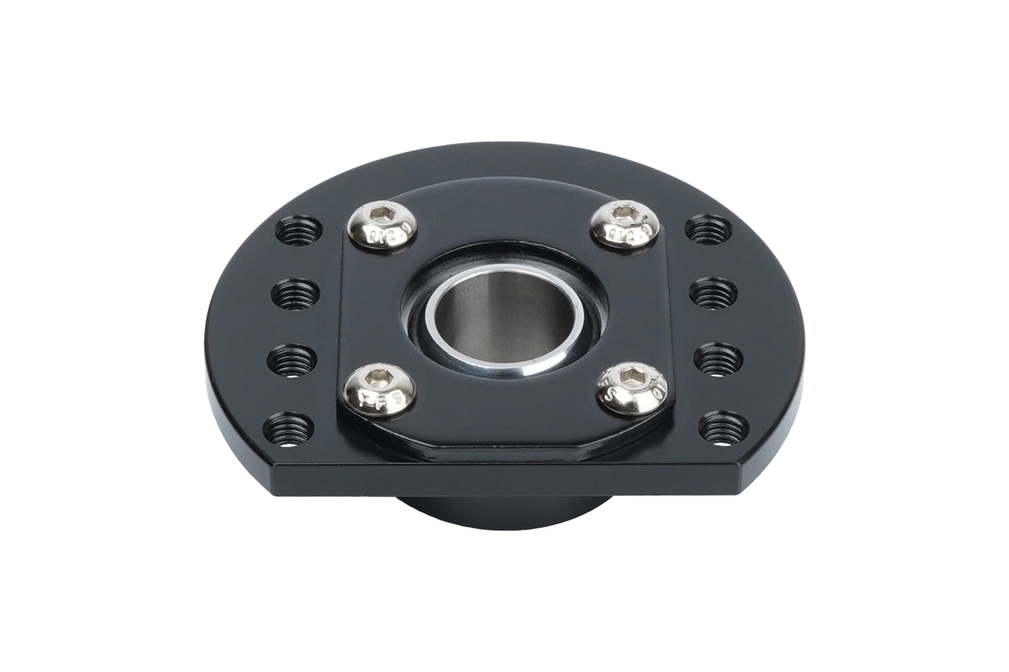 Black mechanical bearing housing on a white background