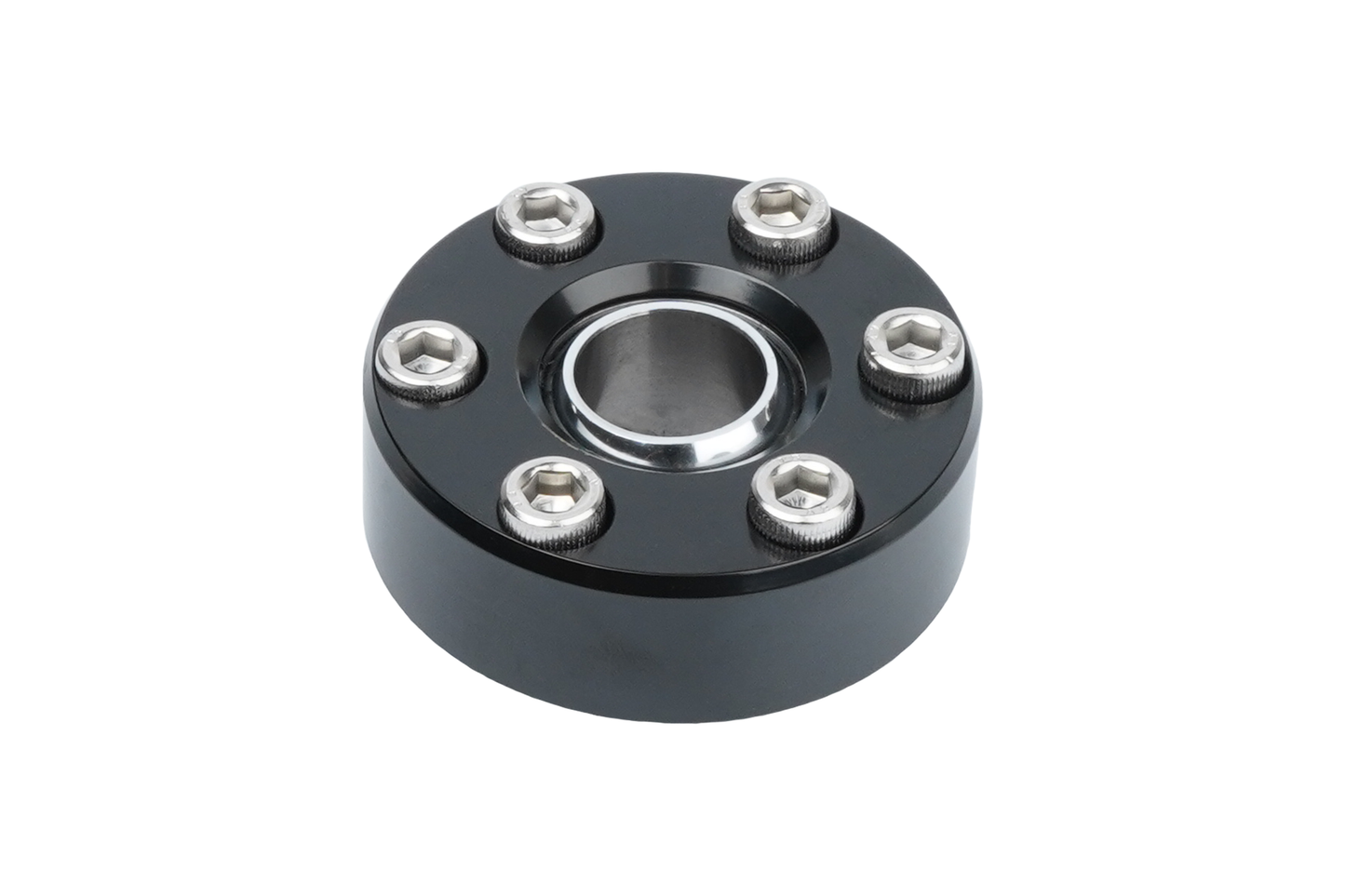 Black mechanical bearing housing on a white background