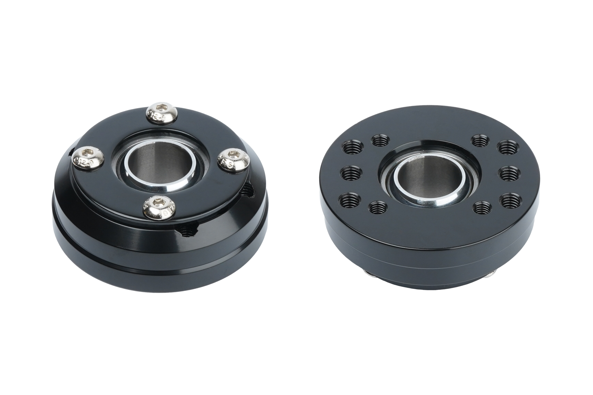 Black mechanical bearing housing on a white background