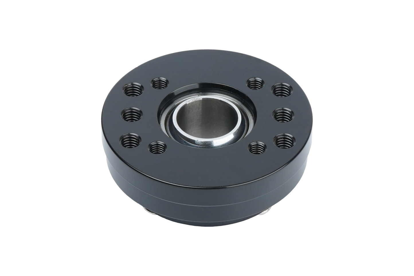 Black mechanical bearing housing on a white background