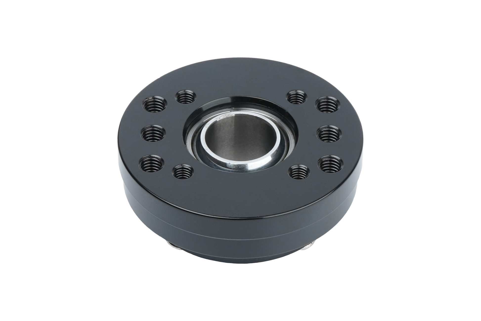 Black mechanical bearing housing on a white background