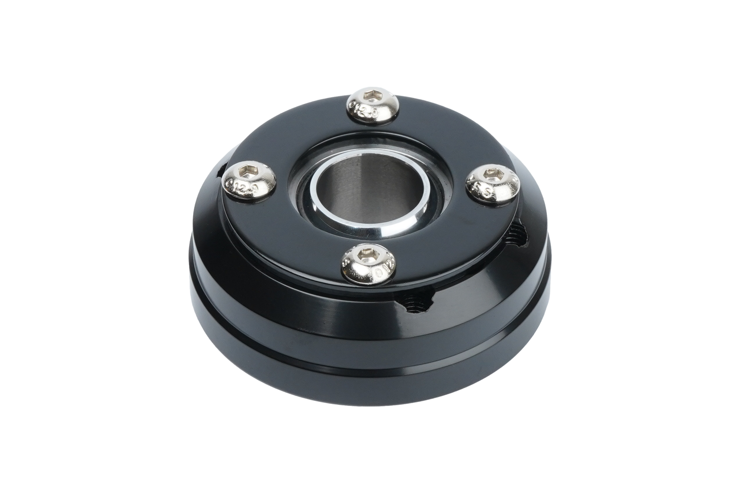 Black mechanical bearing housing on a white background
