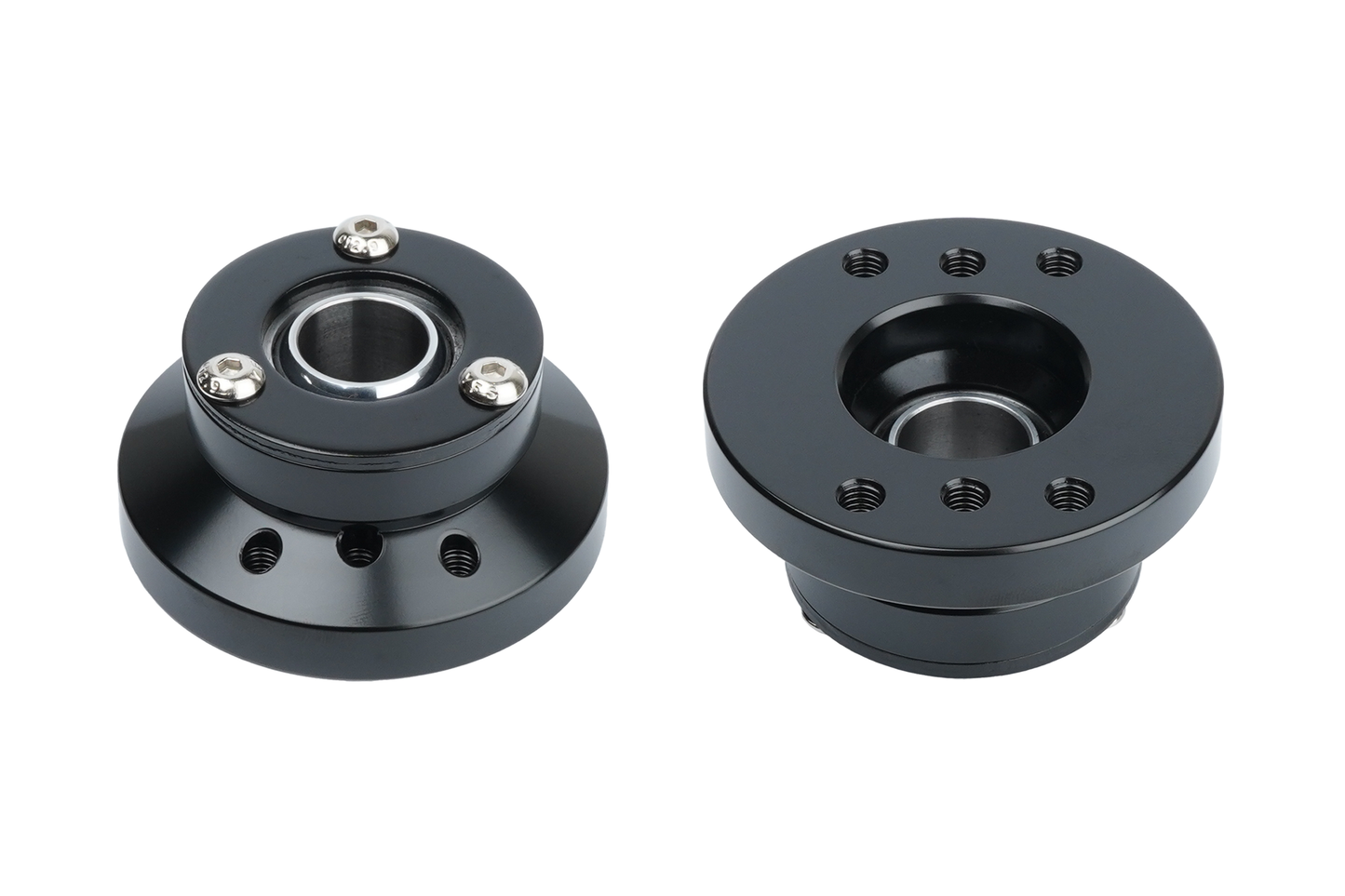 Black mechanical bearing housing on a white background