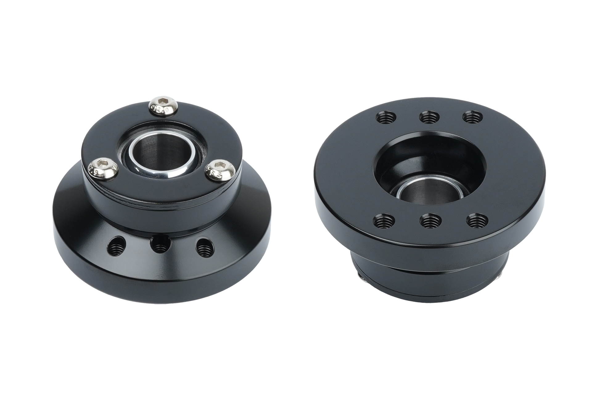 Black mechanical bearing housing on a white background