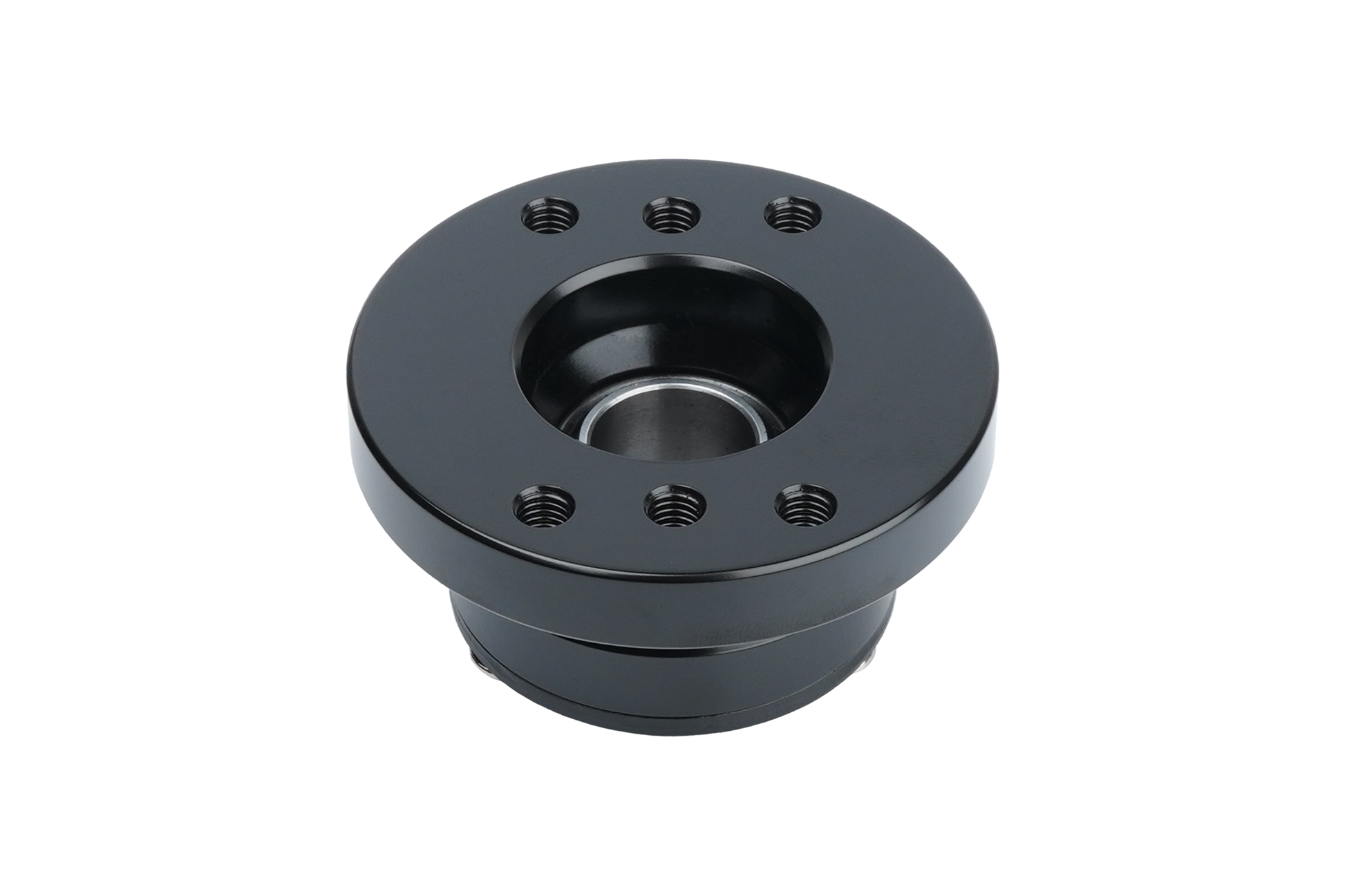 Black mechanical bearing housing on a white background