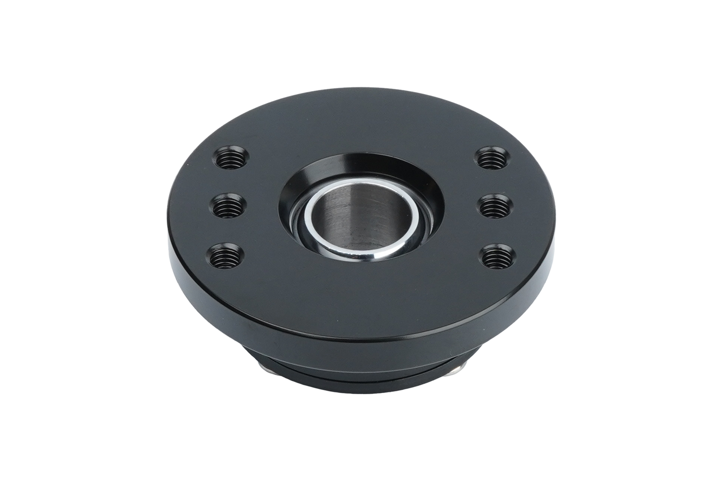 Black mechanical bearing housing on a white background