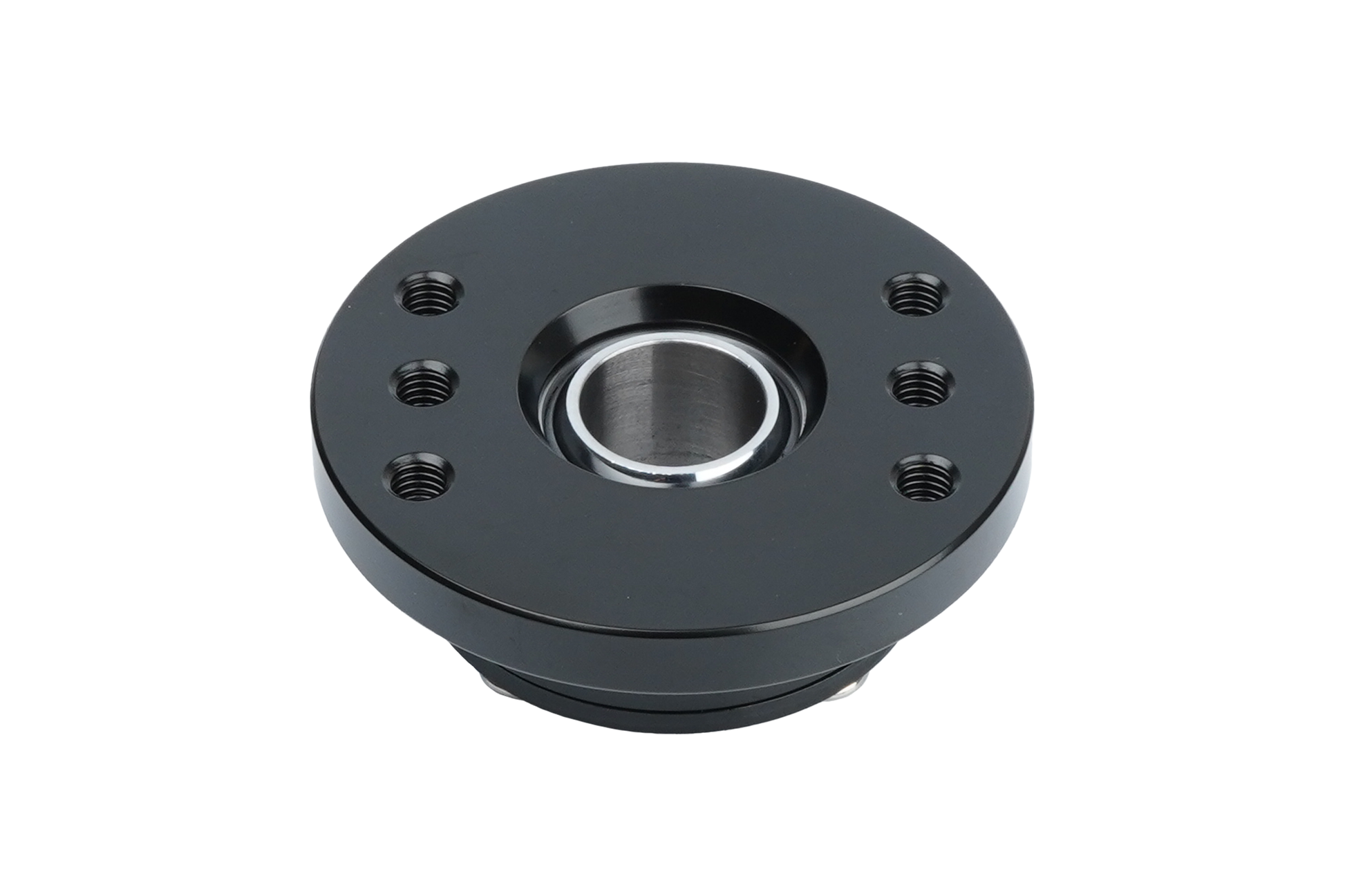 Black mechanical bearing housing on a white background