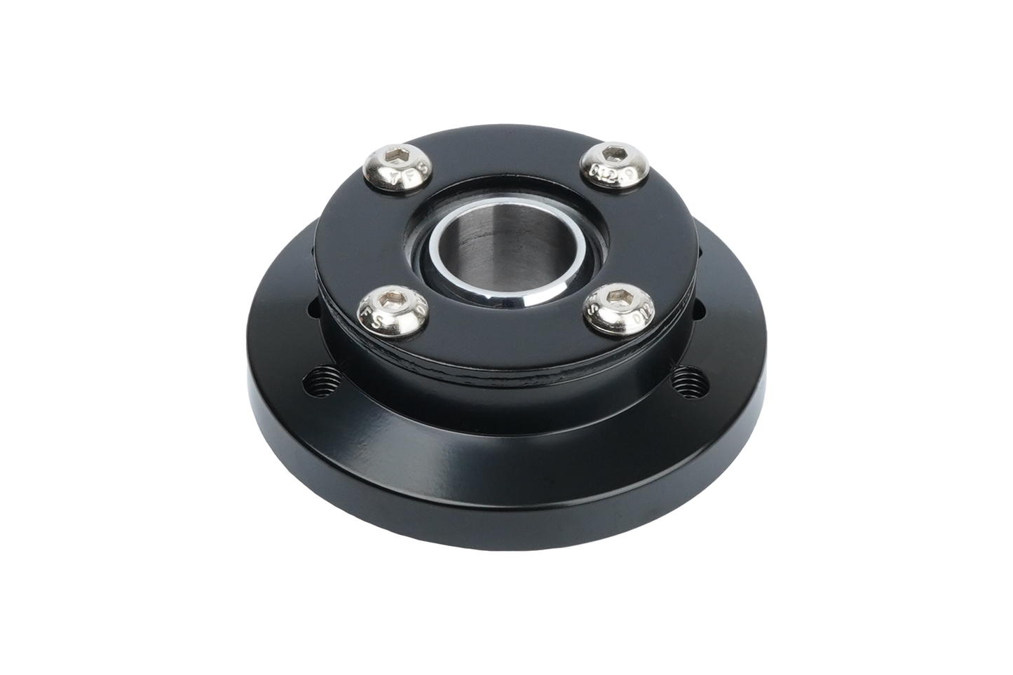 Black mechanical bearing housing on a white background
