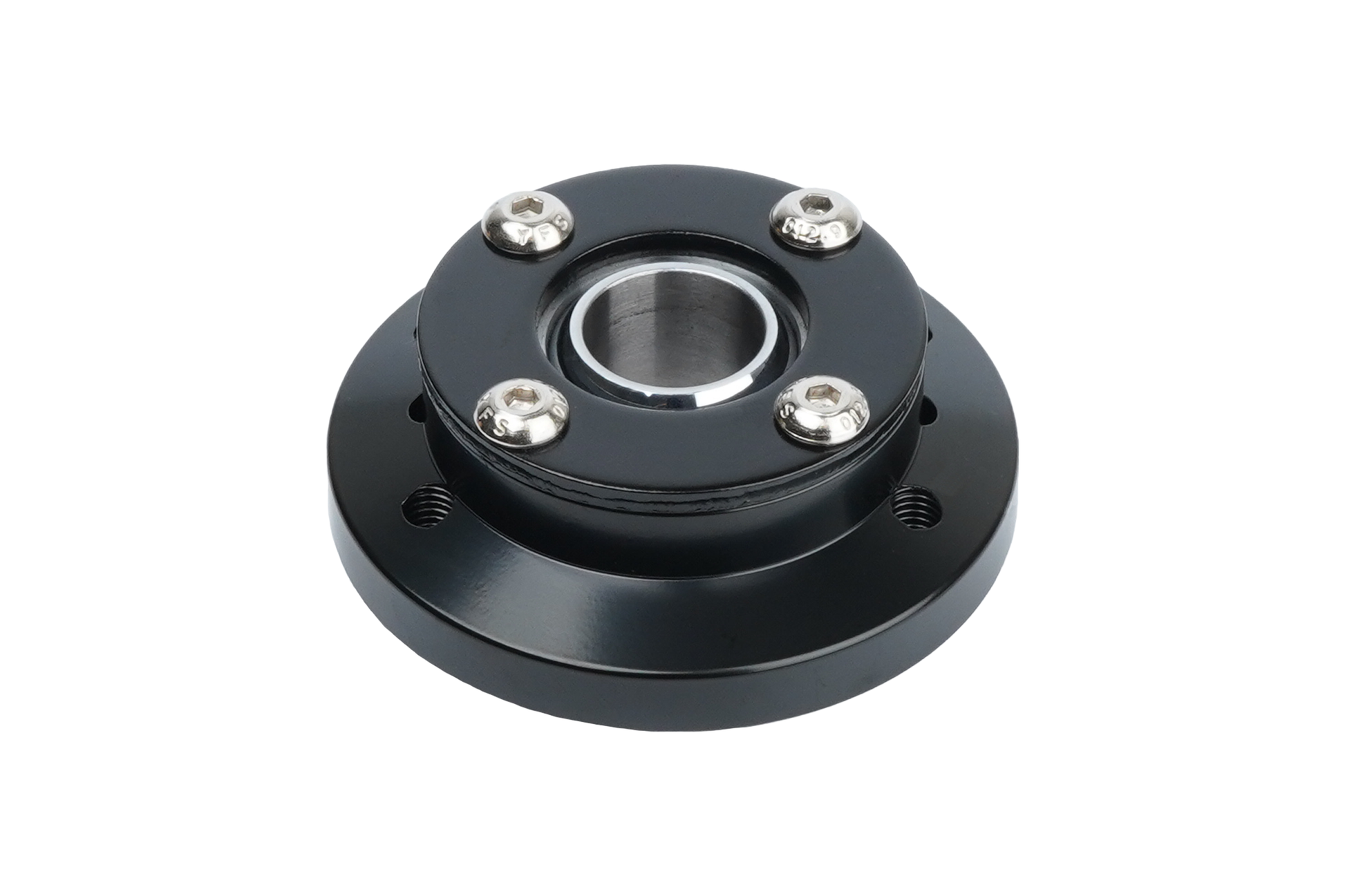 Black mechanical bearing housing on a white background