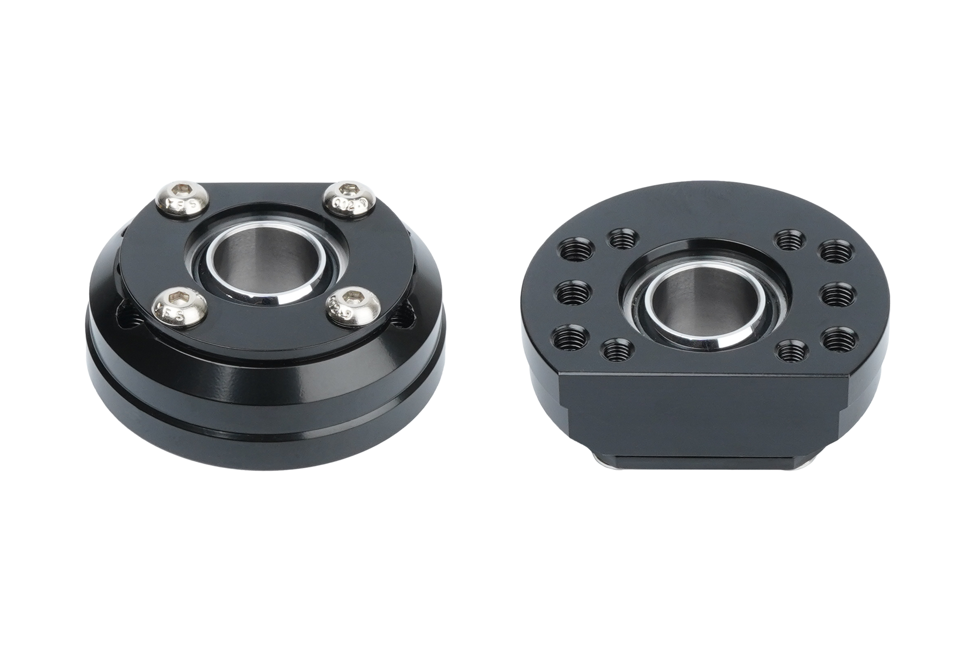 Black mechanical bearing housing on a white background
