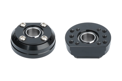 Black mechanical bearing housing on a white background