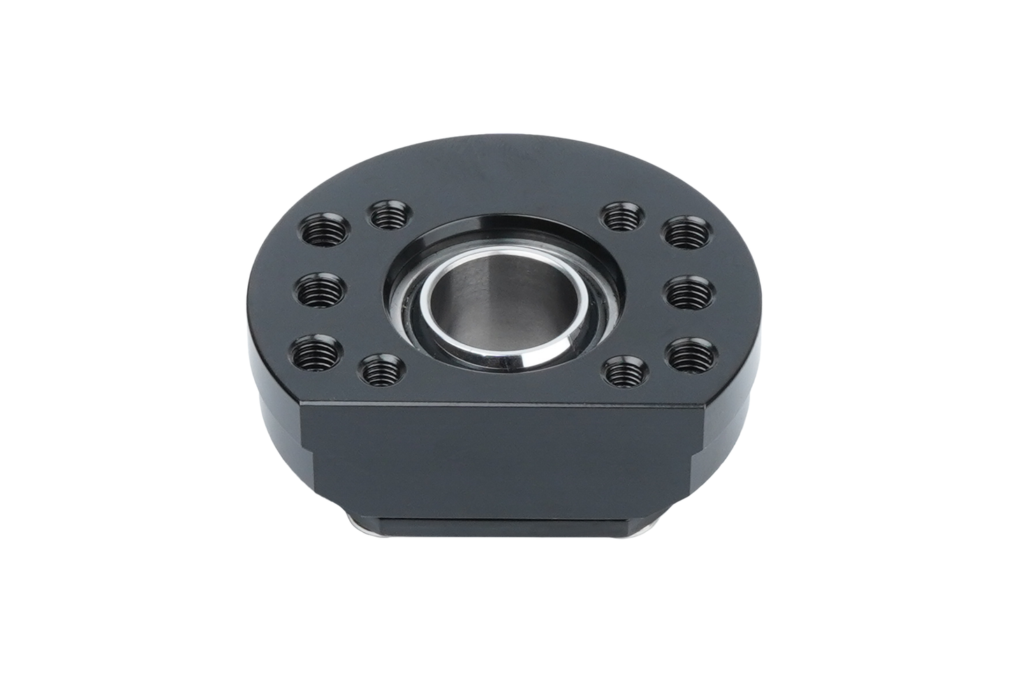 Black mechanical bearing housing on a white background