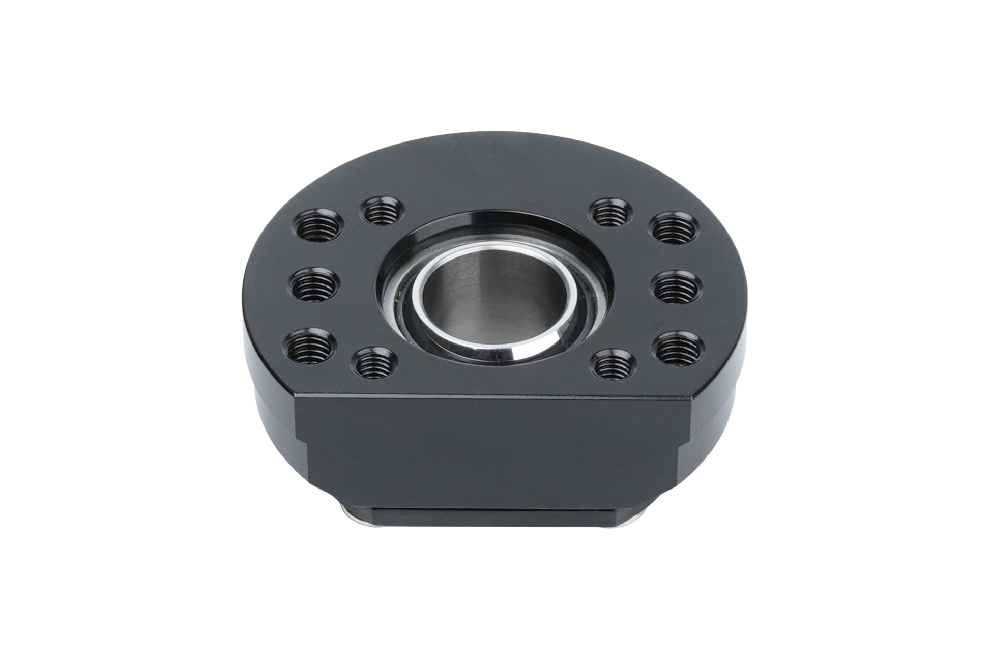 Black mechanical bearing housing on a white background