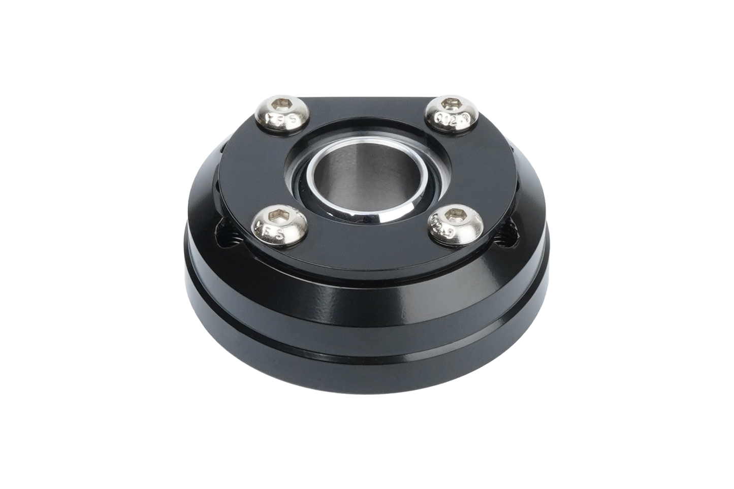 Black mechanical bearing housing on a white background