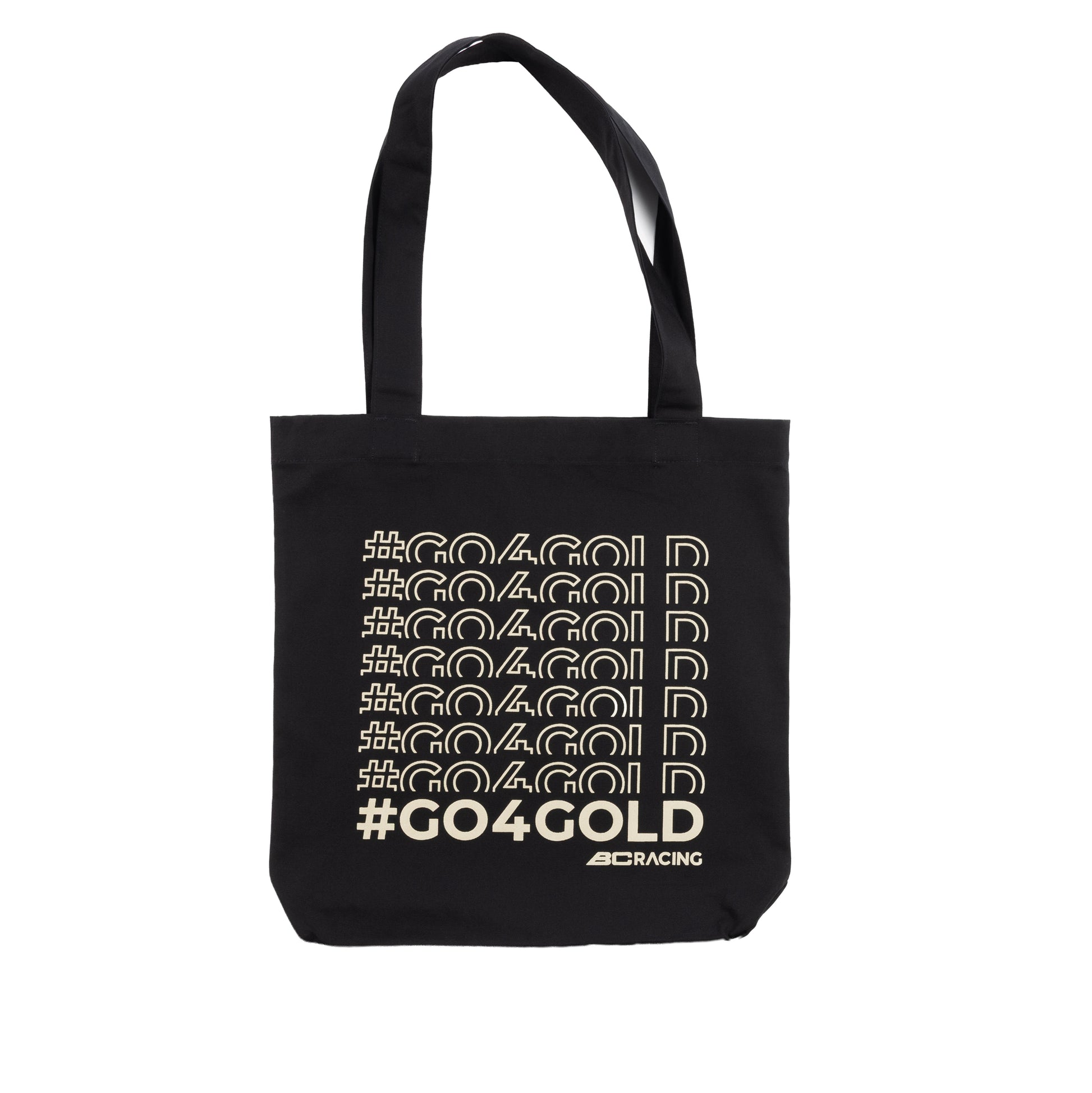 Black tote bag with BC Racing #Go4Gold design in sand color