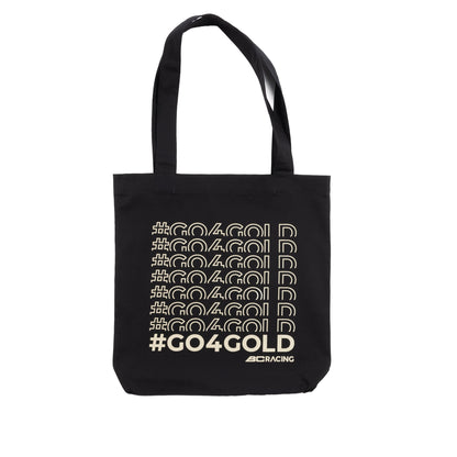 Black tote bag with BC Racing #Go4Gold design in sand color