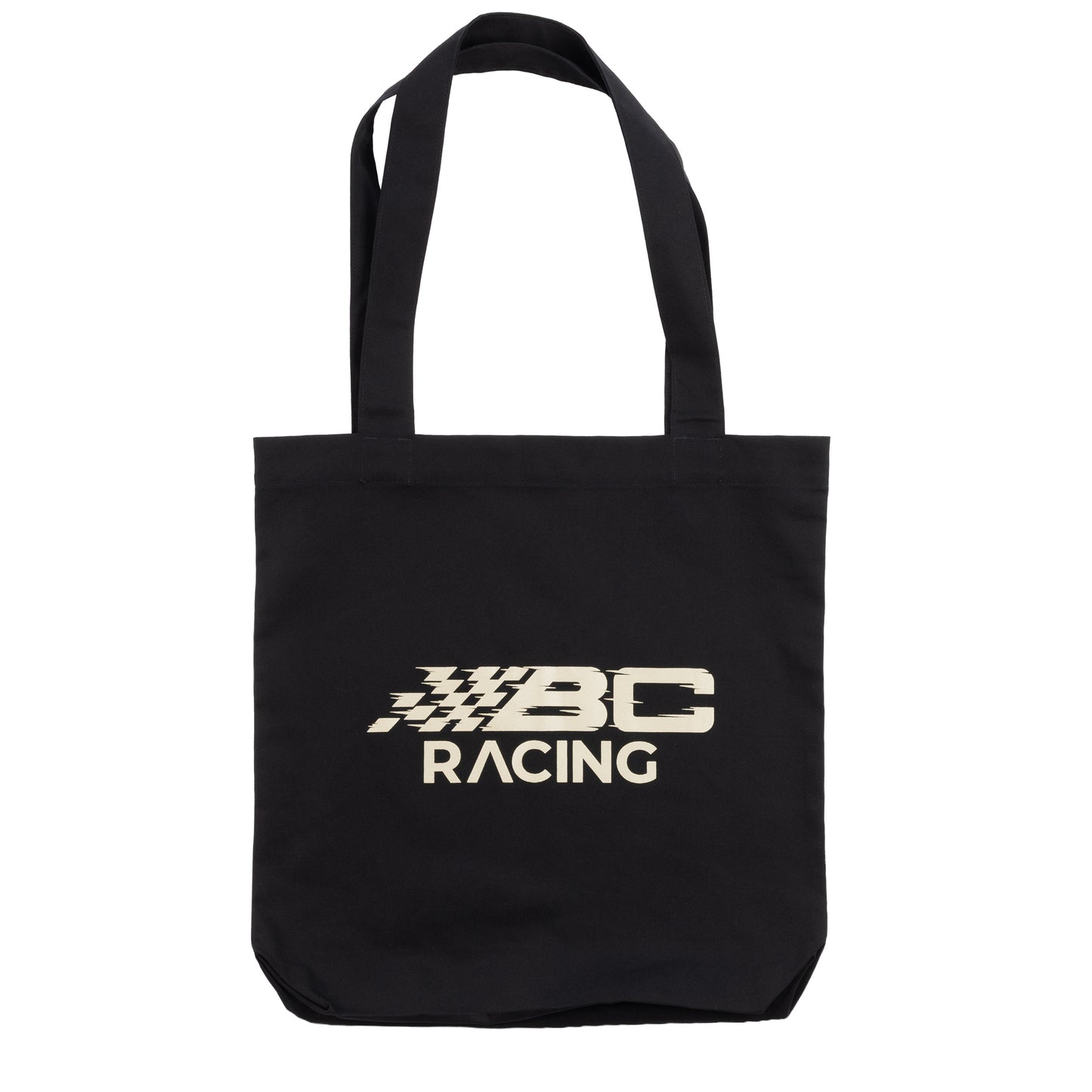 Black tote bag with BC Racing logo in sand color