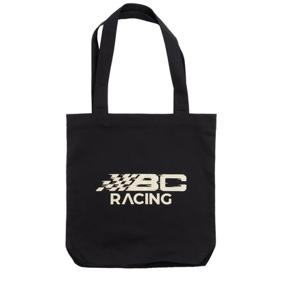 Black tote bag with BC Racing logo in sand color