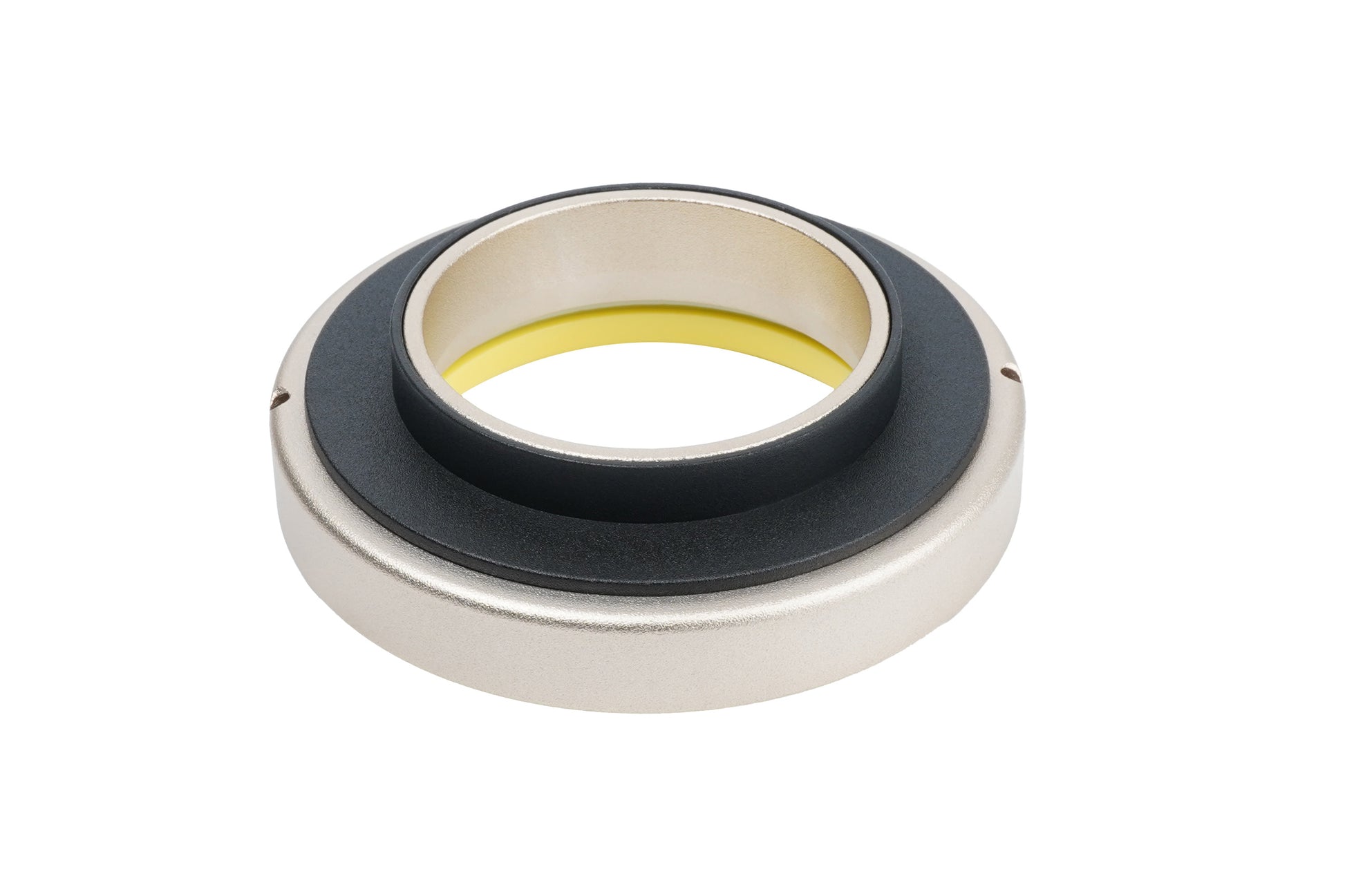 BC Racing gold upper spring seat with black isolator on white background