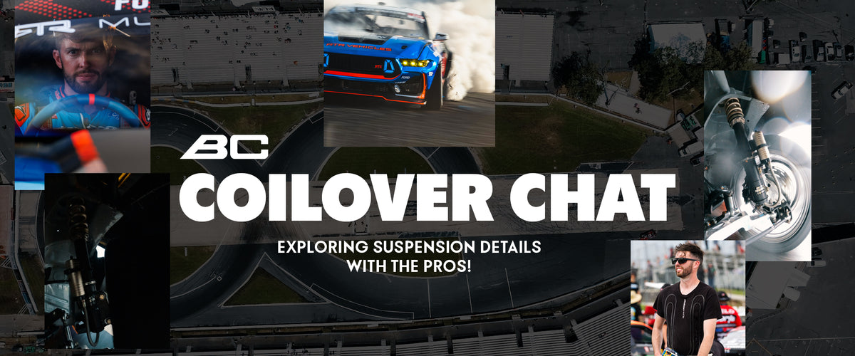 BC Racing "COILOVER CHAT" banner with images of James Deane, his RTR Mustang, and BC Racing Coilovers